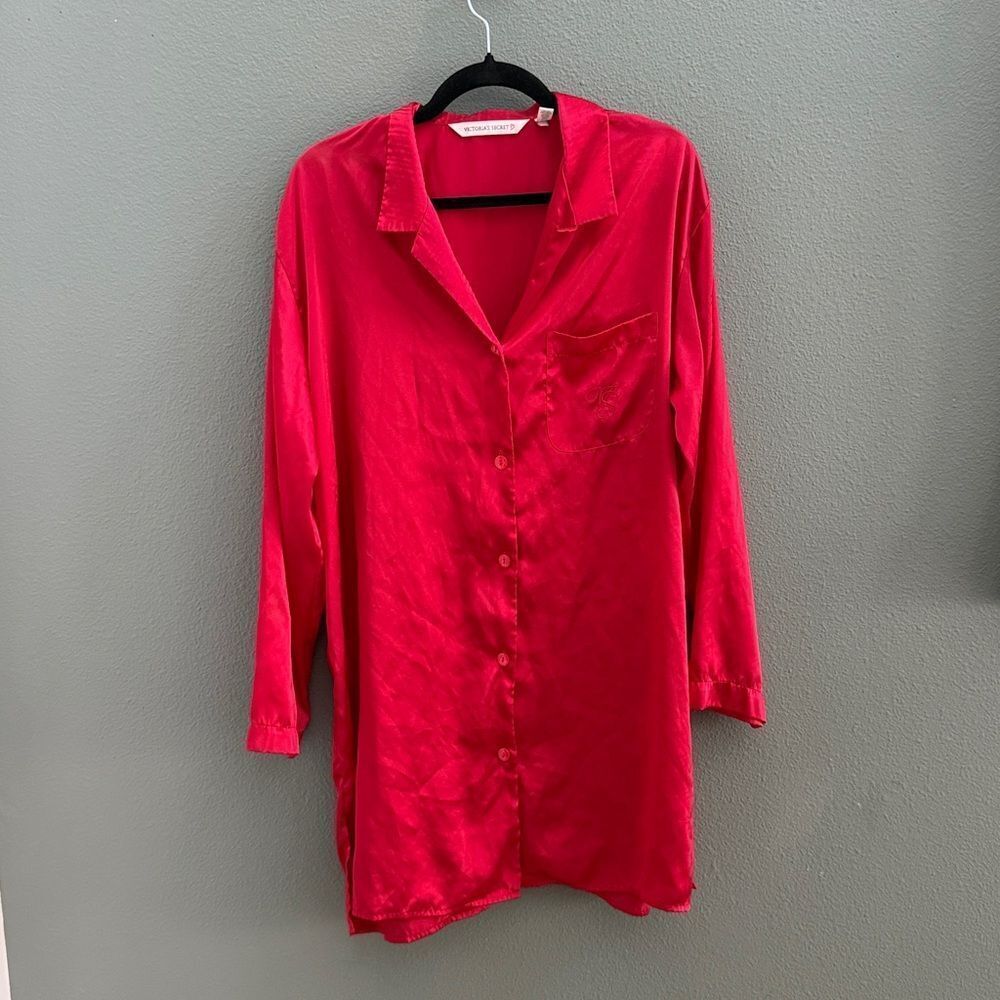 Vintage Victorias Secret Red Sleep‎ Shirt Nightgown Sz L Button Down